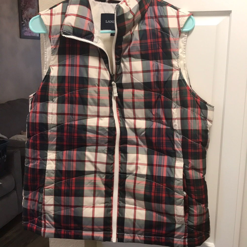Lands’ End cream, navy, red and green down filled puffer vest